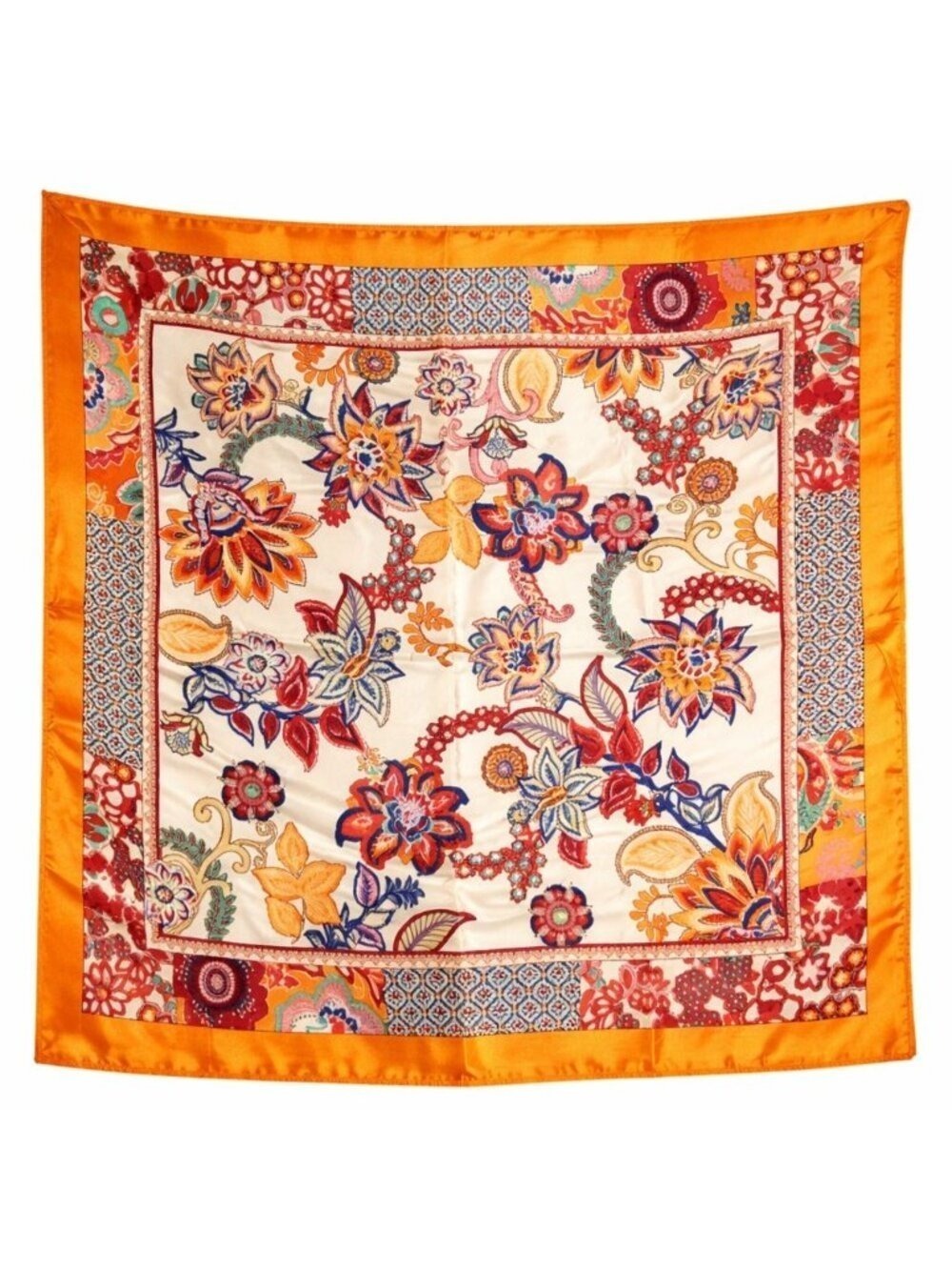Orange Floral Satin Square Scarf 20x20 Hair Neck Head Wrap Boho